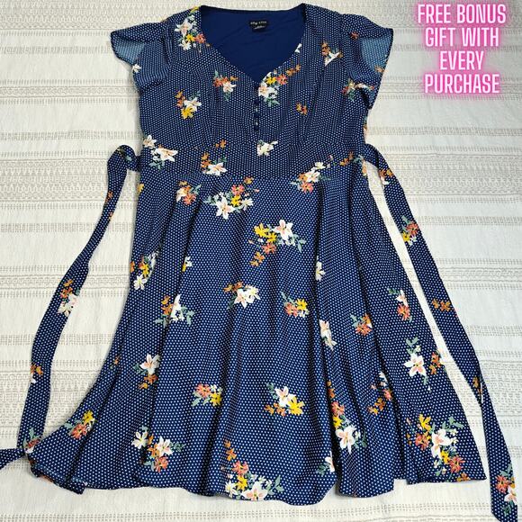 City Chic Blue Floral Fit & Flare Dress Size 14 Polka Dot Print Never Worn - Picture 1 of 5